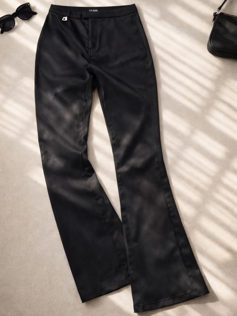 Vintage GUESS Satin Black Label Low Rise Flare Pants Black G Charm 28